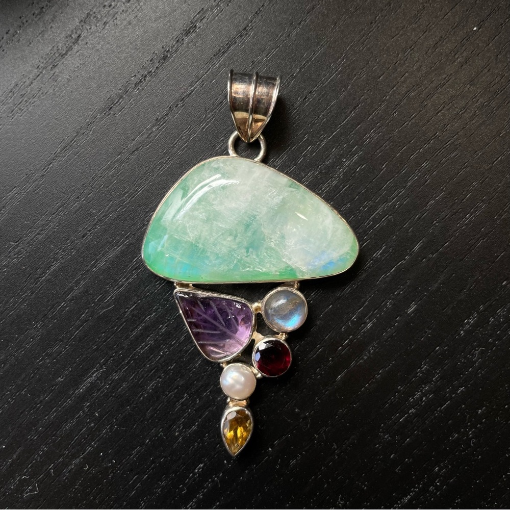 Sterling Silver Multi-Gem Pendant with Green Moonstone and Accent Stones